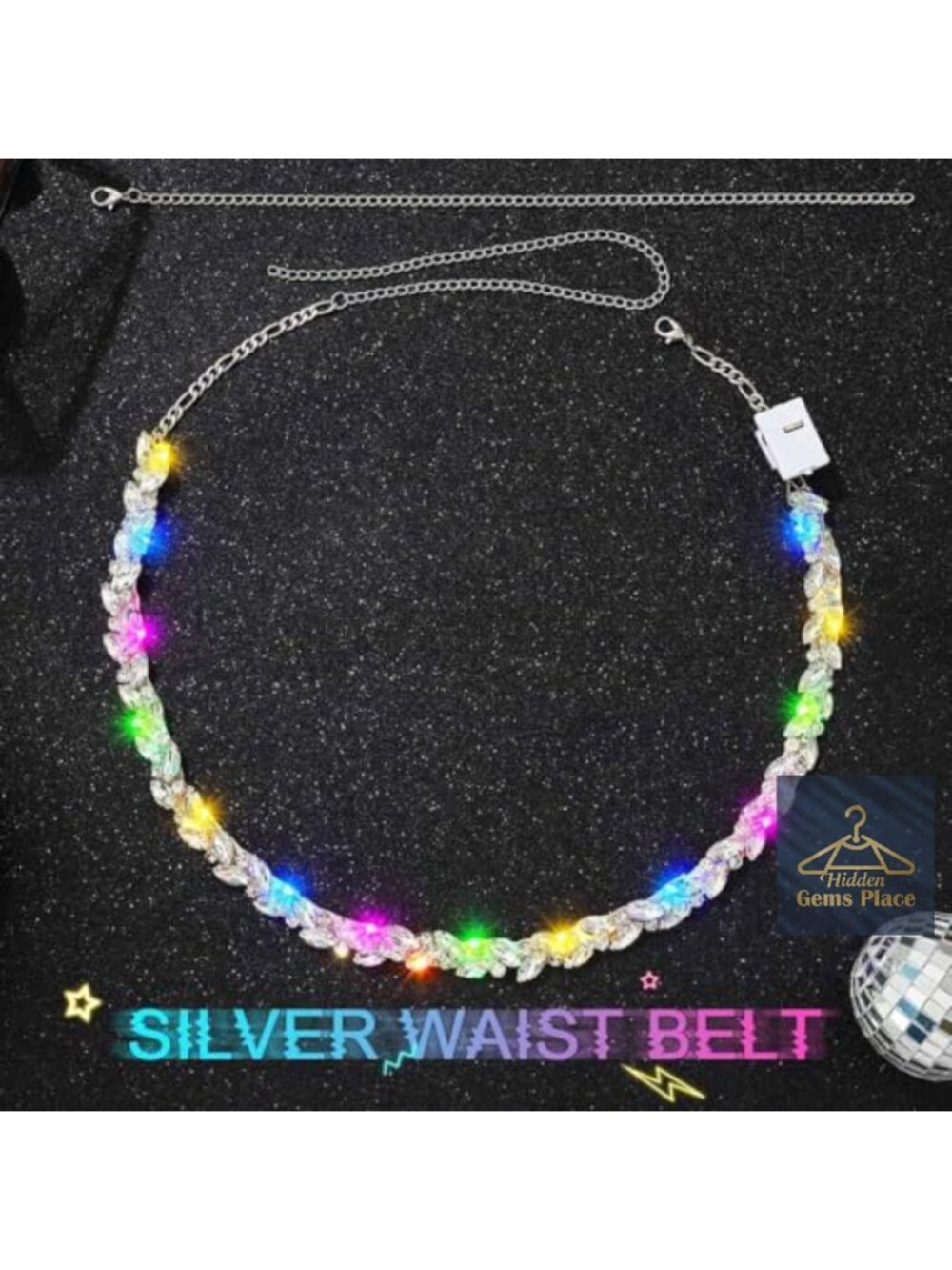Light Up LED Rhinestone Belt Rave Body Accessory Adjustable Waist Chain - Picture 2 of 5
